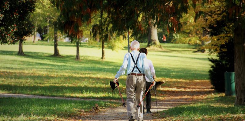Älterer Mann und Frau von hinten auf einem Spazierweg in einem Park mit Nordicwalking-Stöcken.